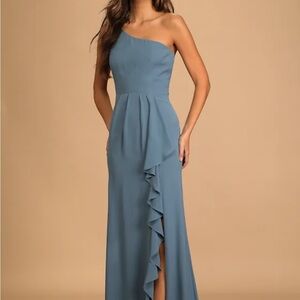 Lulu’s Slate Blue Ruffled One-Shoulder Maxi Dress